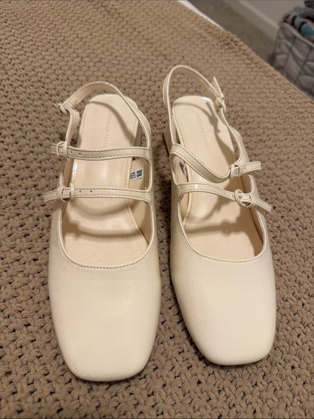 Cream Square-Toe Double-Strap Slingback Mini Heel